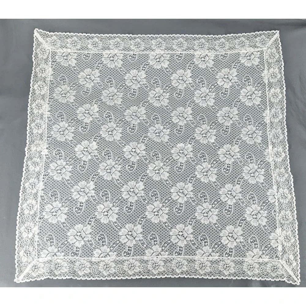 Vintage White Floral Lace Square Tablecloth 33x32 Scalloped Edge Tea Decor
